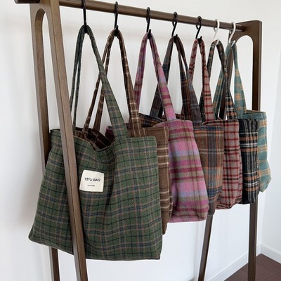 日韩复古小众格子单肩托特包通勤