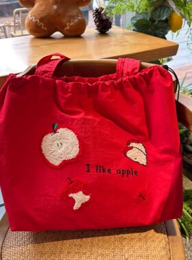 韩版ins慵懒风红色托特包 大容量单肩包质感海边度假轻便帆布包女