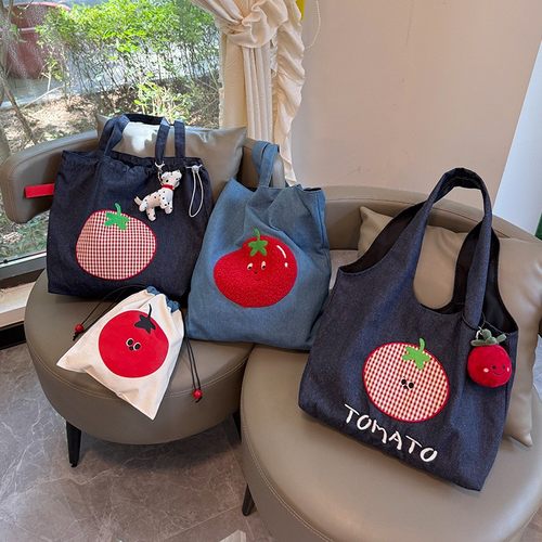 韩系可爱刺绣复古牛仔百搭托特包