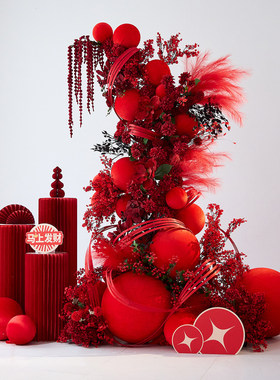 新年红色瀑布花橱窗美陈氛围摆件