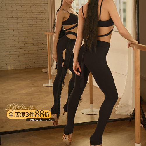 ZYM【chacha one】裤子侧边流苏拉丁舞练功服女踩脚插扣设计26038
