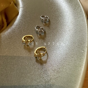 精致感四叶花耳圈女 s925纯银金色锆石耳环气质耳垂钉巨好看耳饰