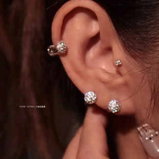 单只售爆闪耳皮钉通体纯银轻奢满钻圆形小耳圈耳骨钉边缘耳廓耳环