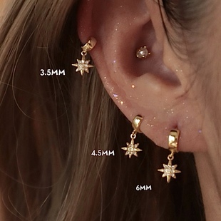 原创3.5MM超小耳皮钉纯银厚镀金八星芒小耳圈轻奢极小边缘耳骨钉