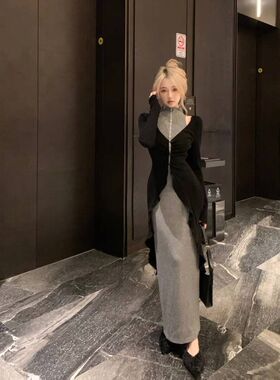 秋冬季赫本风法式旗袍针织中式长裙黑色开衫半高领连衣裙两件套女