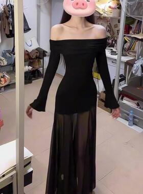 黑色纯欲风性感一字肩网纱连衣裙秋冬新款法式收腰辣妹包臀长裙女