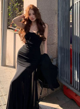 黑色吊带网纱连衣裙女2025新款高级感气质收腰纯欲风辣妹包臀长裙