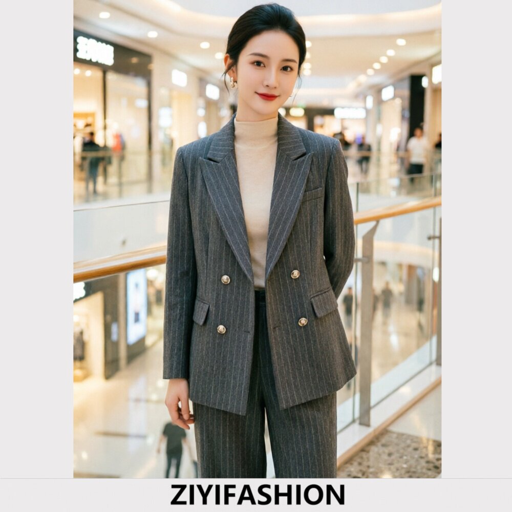 轻飒都市风双排扣条纹西装套装女秋冬长袖职业装极简-V68452499T