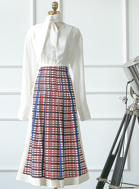 JL复古红色格子半身裙女a字裙显瘦长裙百褶裙中长款裙子高腰半裙