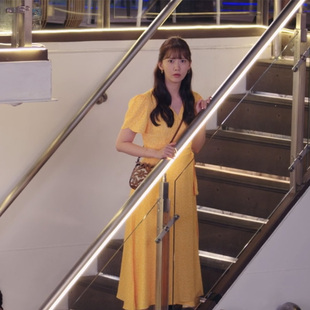 JLCOUTURE欢迎来到王之国林允儿同款黄色连衣裙短袖v领修身长裙