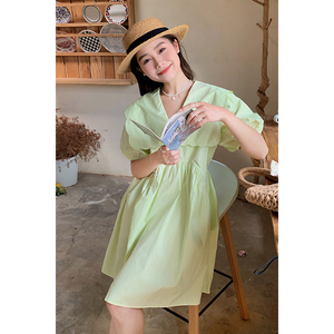 法式纯色娃娃领连衣裙女夏季2025新款时尚设计感宽松绿色娃娃裙女图片