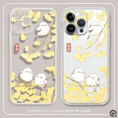 小熊猫银杏小鸟手机壳适用于苹果16promax/17plus/iPhone12/14/15plus手机壳华为红米荣耀小米OPPOvivo软一加