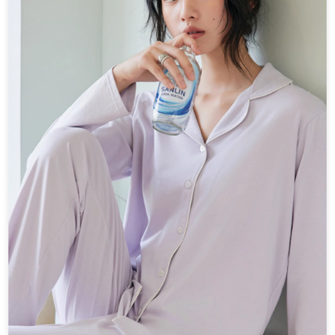 透气系扣开衫长袖睡衣套装