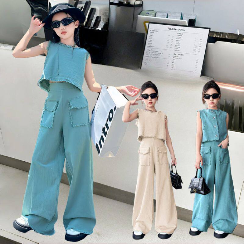 初中女生夏装套装韩版时尚女大童背心阔腿裤两件套女童夏季衣服
