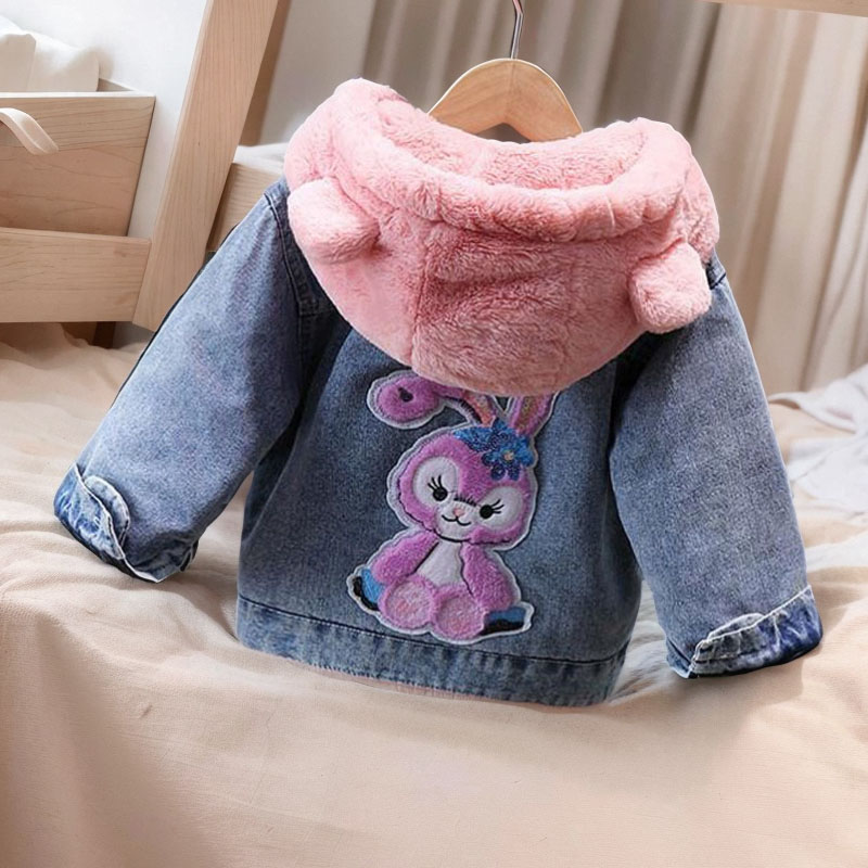 女童加绒牛仔外套冬季洋气儿童加厚棉袄韩版时尚女孩冬装连帽棉服