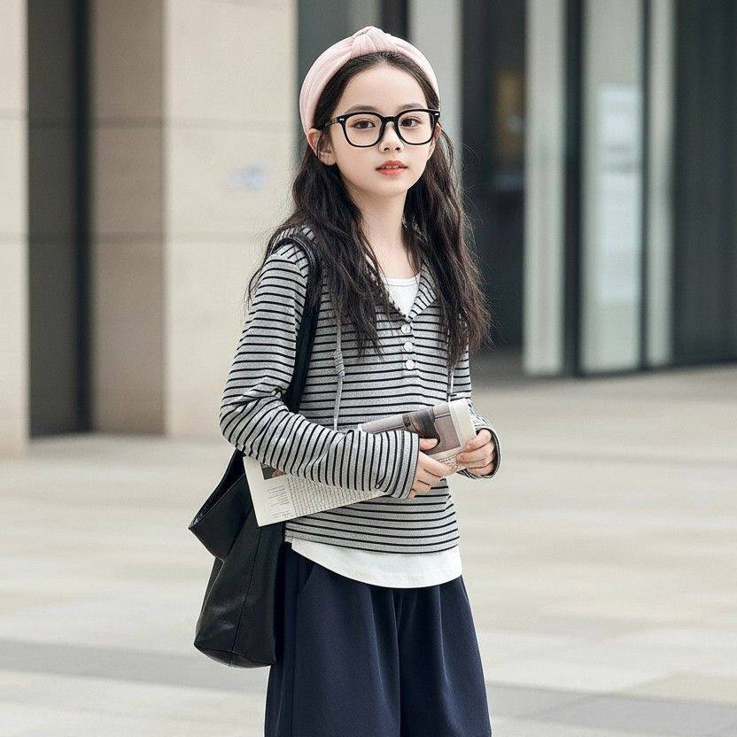 女童卫衣春秋款2026新款韩版女大童长袖T恤洋气女孩春季条纹上衣