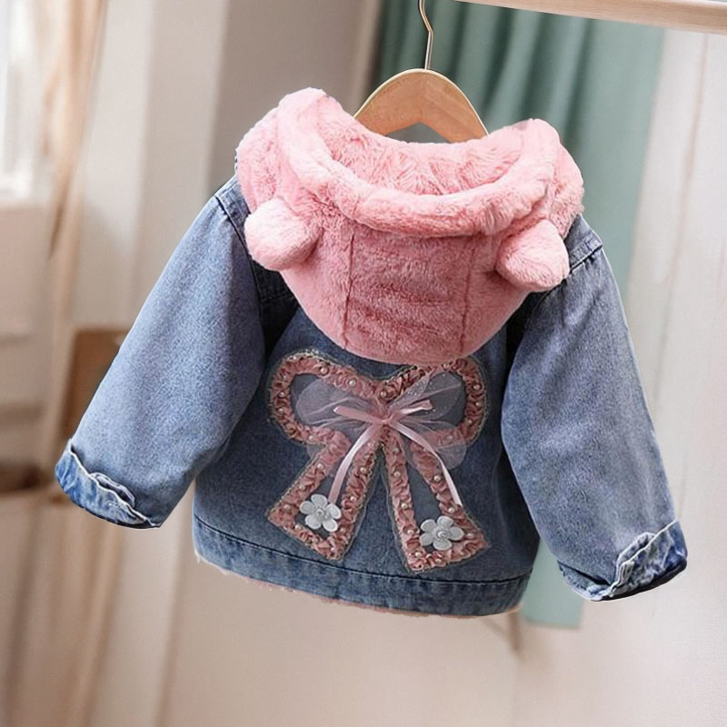女童加绒棉服冬季新款时尚夹棉牛仔外套韩版洋气女孩冬装加厚棉服