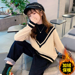 女童半高领毛衣冬季加绒加厚打底衫女孩冬装中大童假两件针织衫