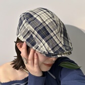 夏季 画家帽贴布反戴贝雷帽鸭舌帽休闲报童帽潮 复古格纹前进帽薄款