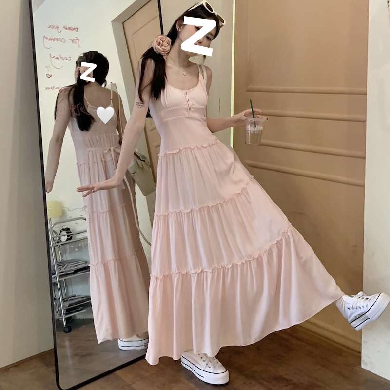 粉色吊带连衣裙女夏季2024新款掐腰裙小个子法式温柔风a字裙长裙