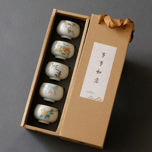月白汝窑茶杯功夫茶具品茗柿子陶瓷器仿古开片可养主人个人单水杯