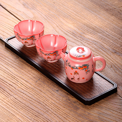 李辉熠猪油冻柿柿如意秦权壶一壶两杯茶具套装粉红女士陶瓷茶具