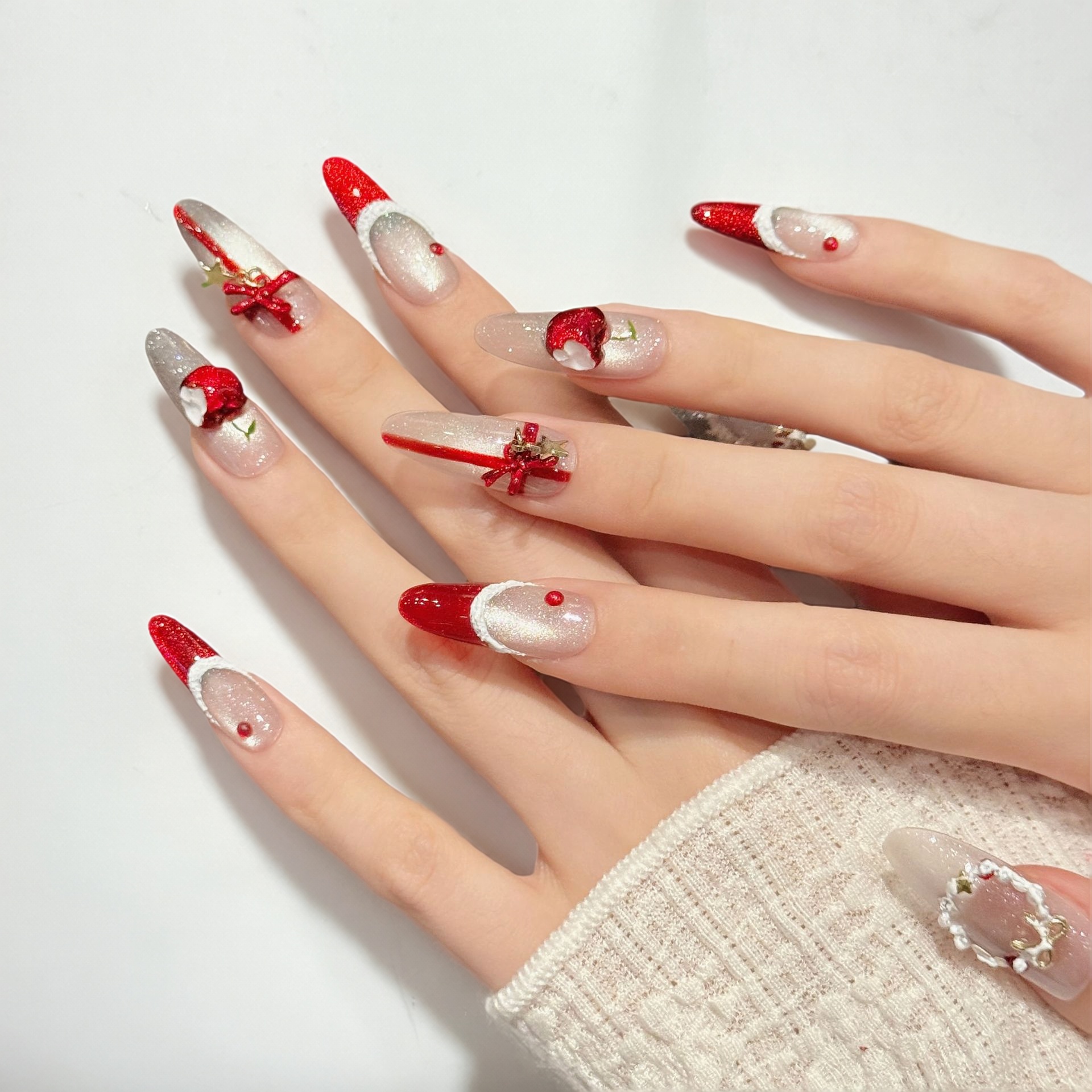 【红苹果圣诞】穿戴甲猫眼蝴蝶结2025秋冬新款圣诞甲高级感纯手工