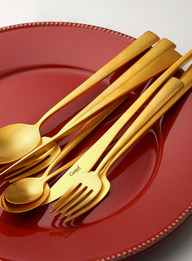 Cutipol金色DUNA哑光金手工餐具牛排刀叉勺子礼盒套装甜品叉茶勺