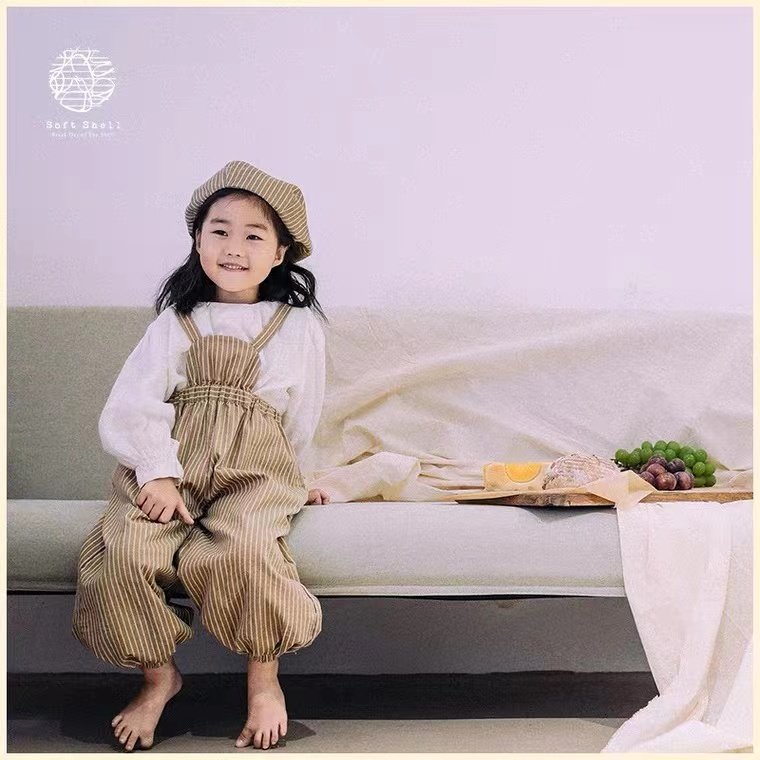 秋装新款亲子日系大提花亚麻小衫百搭母女纯色＋高腰丝绒背带裤