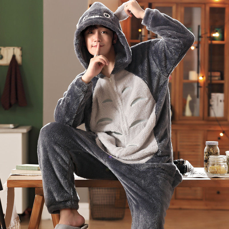 珊瑚绒连体睡衣男秋冬季卡通加厚法兰绒青少年高中学生加绒家居服