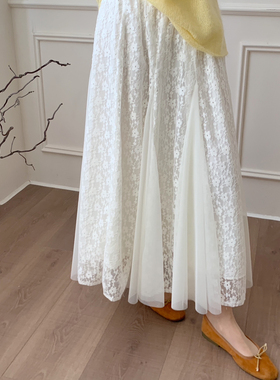 26早春韩系白色蕾丝半身裙女中长款网纱拼接A字伞裙显瘦仙女裙