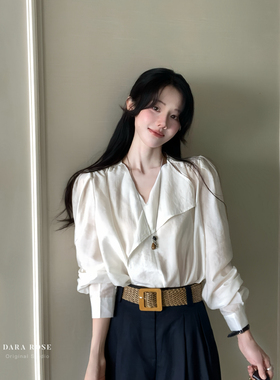 DARA ROSE-级感洋气简约显瘦百搭长袖V领荷叶边衬衫上衣小衫S8551