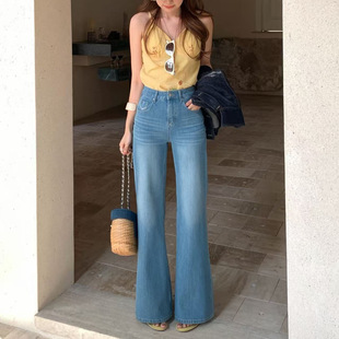 TOP欧制十三行四面弹高腰直筒微喇牛仔裤 薄款 垂感筒喇裤 女夏季