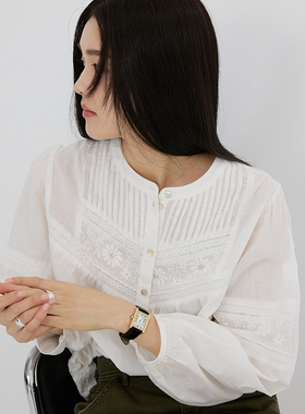 26春米白色刺绣全棉宽松衬衣灯笼袖遮肉显瘦巨舒适小衫