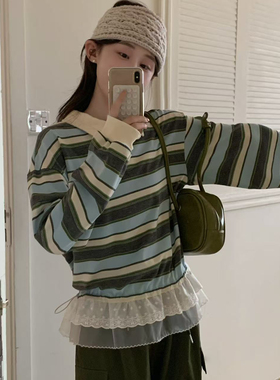 26春韩系复古条纹针织Polo衫女下摆蕾丝拼接宽松显瘦长袖百搭卫衣