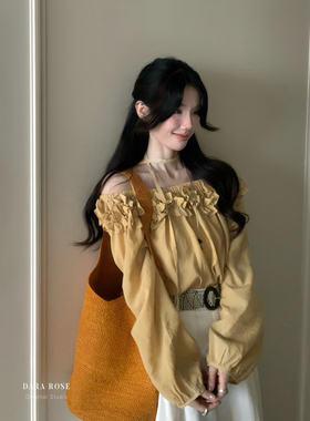 韩系一字肩花边上衣 系带泡泡袖温柔小衫