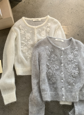 26春大爆款温柔风马海毛针织开衫 重工刺绣勾花毛衣外套