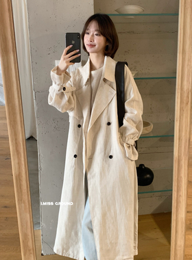 韩系天丝亚麻风衣女长款宽松双排扣系带显瘦气质外套(配腰带)