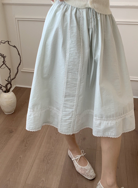 26年早春韩系拼接蕾丝半身裙女 松紧腰抽绳中长裙 少女感A字伞裙