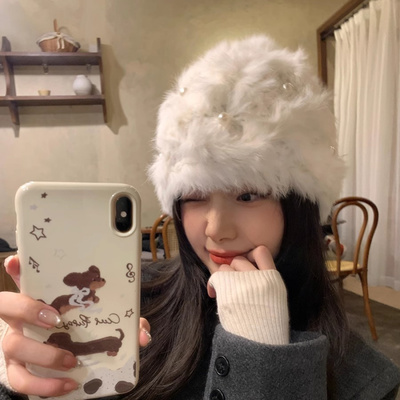 兔毛手工加厚帽子女秋冬季显脸小