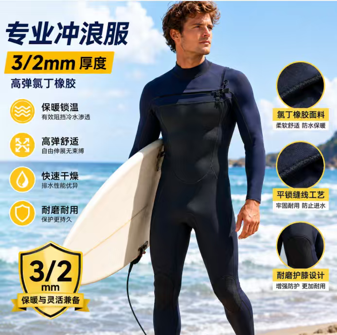 全新冲浪湿衣潜水服男防寒保暖3/2mm前拉链风筝冲浪盲缝工艺贴条