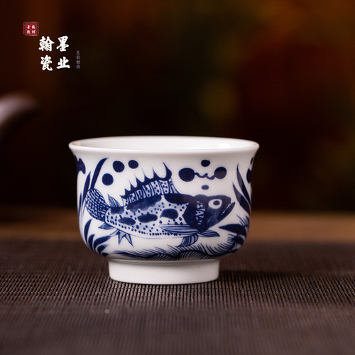 景德镇陶瓷仿古泥青花鱼藻纹小客杯小容量单杯家用会客专用茶杯