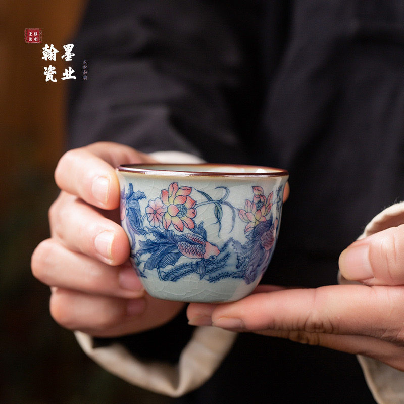 景德镇陶瓷老陶泥金玉满堂小缸杯家用小容量茶杯家用中式会客杯