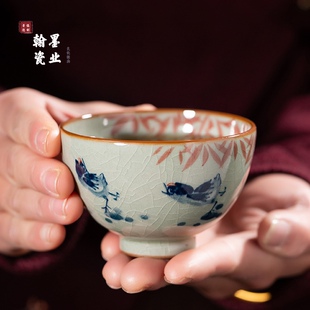 景德镇茶杯老陶泥开片柴窑全手绘吉祥如意青花全手工公鸡主人杯