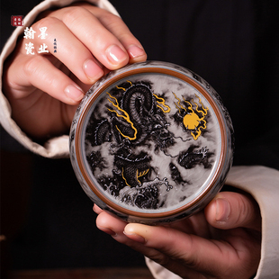 景德镇陶瓷老陶泥开片墨龙盖置复古可养杯垫壶盖垫茶具配件茶托