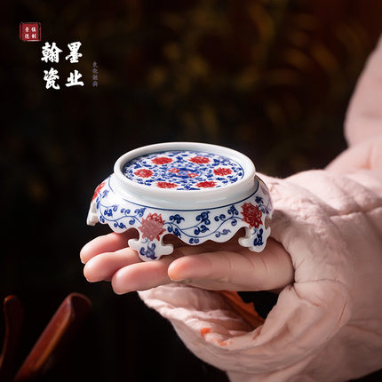 景德镇陶瓷仿古泥青花釉里红缠枝莲板凳盖置杯垫壶盖垫茶托配件