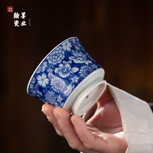 景德镇陶瓷仿古泥青花万花马蹄杯家用个人专用主人杯中式茶杯