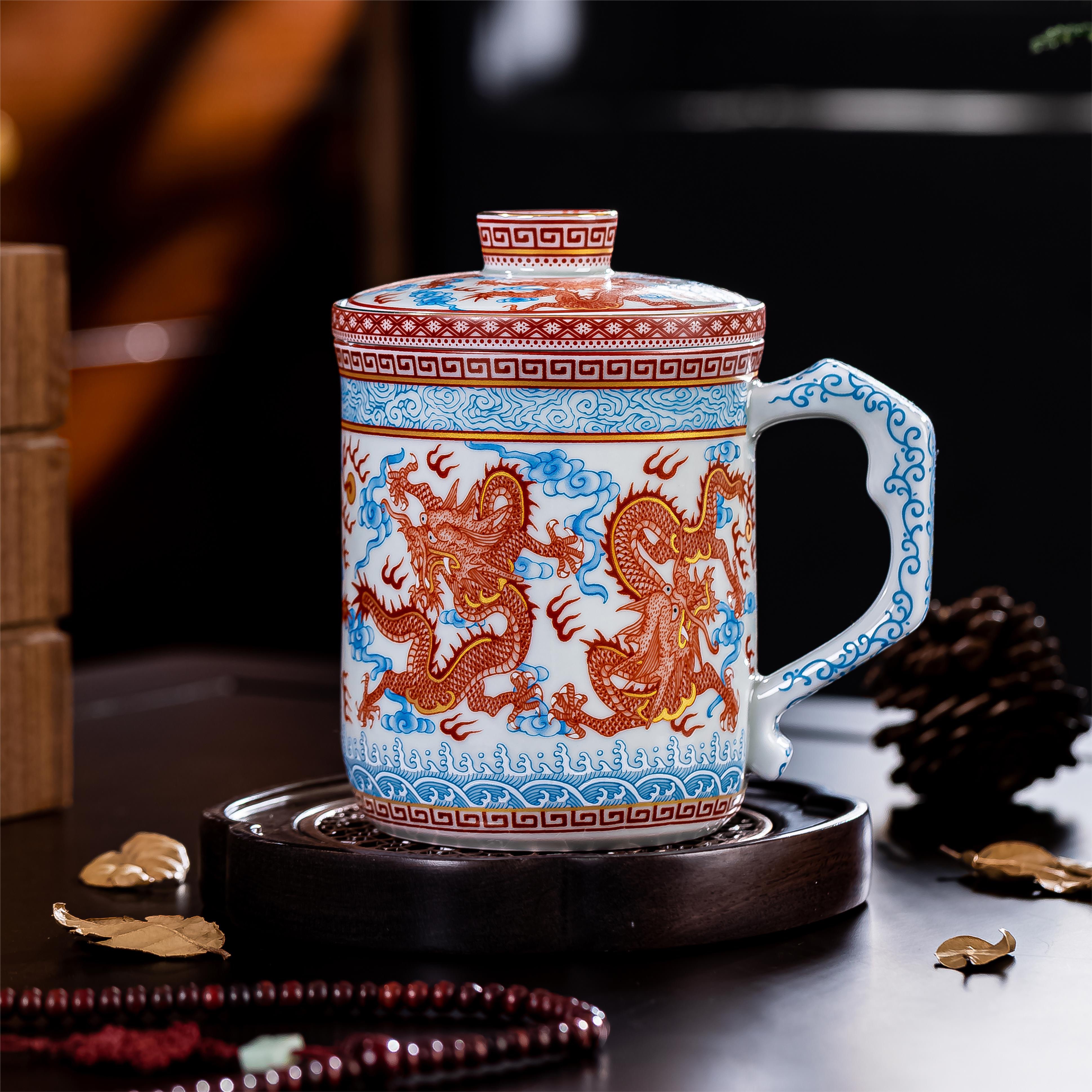 景德镇茶杯瓷器矾红五龙办公杯陶瓷茶具仿古青花瓷办公泡茶杯家用