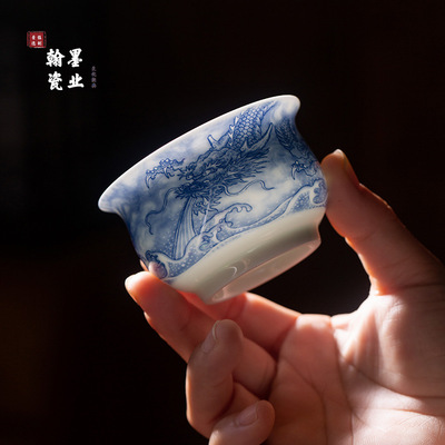 景德镇陶瓷仿古泥青花龙吸水大布袋杯家用个人专用主人杯中式茶杯