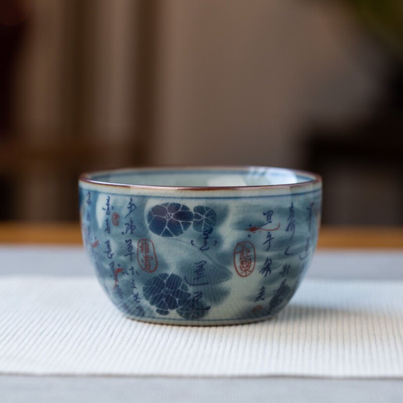 景德镇瓷器老陶泥开片墨莲说大容量卧足杯缸杯个人专用茶杯主人杯